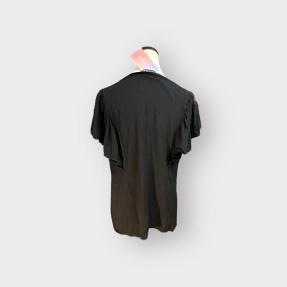 NWT Women’s 12 Bloomchic Black Solid Contrast Lace Ruffle Round Neck Blouse L - Picture 8 of 11